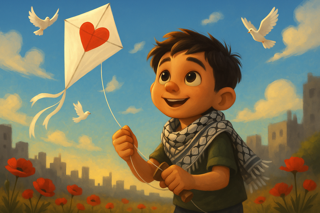 Young Palestinian boy with a keffiyeh flies a white kite with a red heart, surrounded by doves and poppies, against a sunset sky and Gaza skyline.