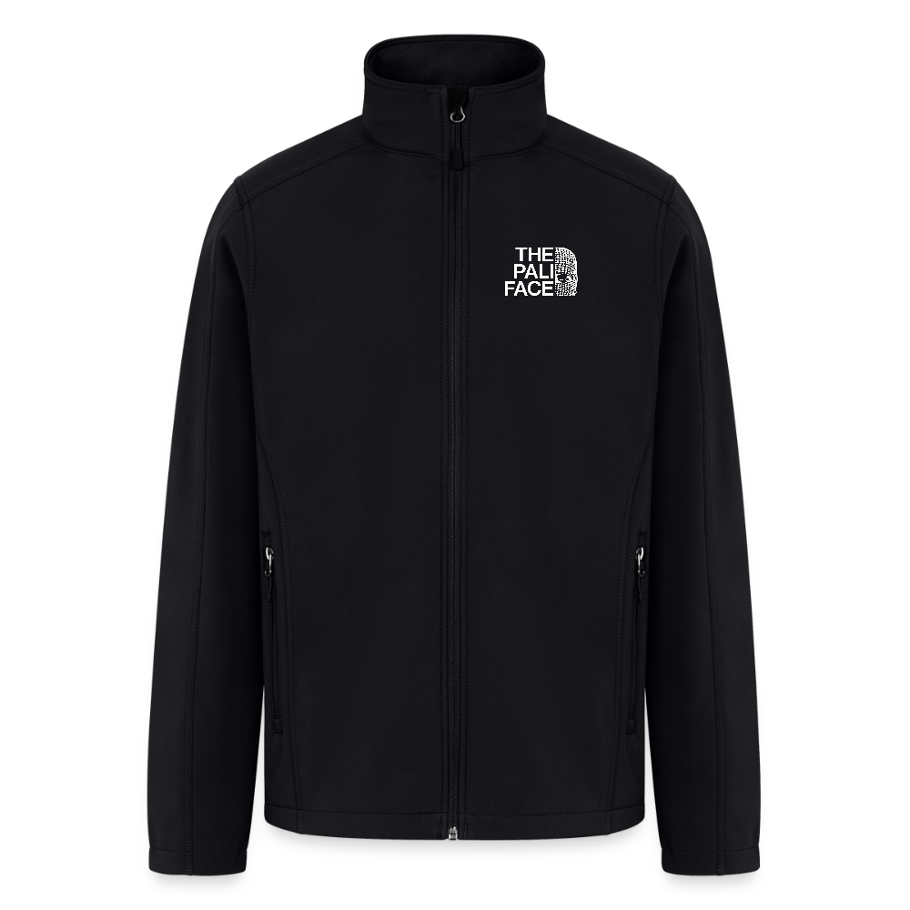 Black soft shell jacket with bold ‘The PALI FACE’ graphic on left chest – Palestine streetwear symbolizing resistance.