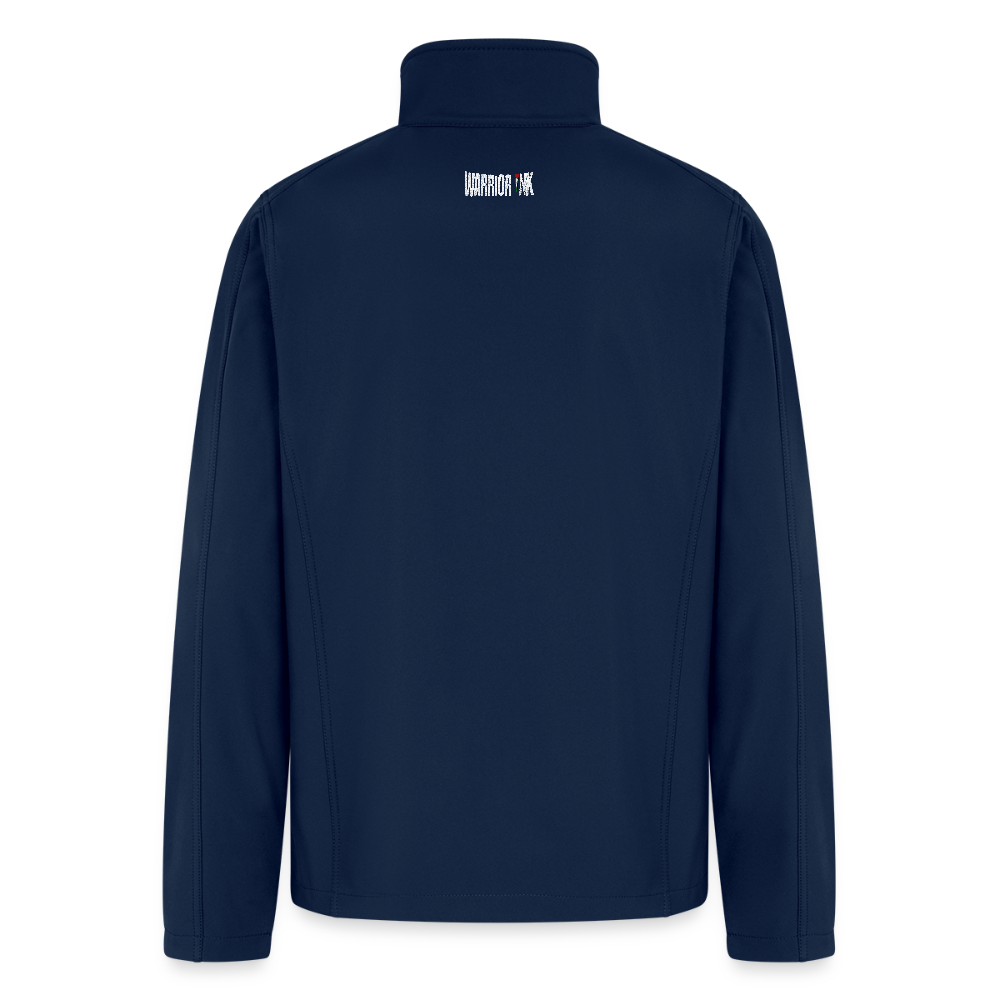 Rear view of navy jacket with small ‘Warrior Ink’ logo printed at collar – minimalist activist branding.