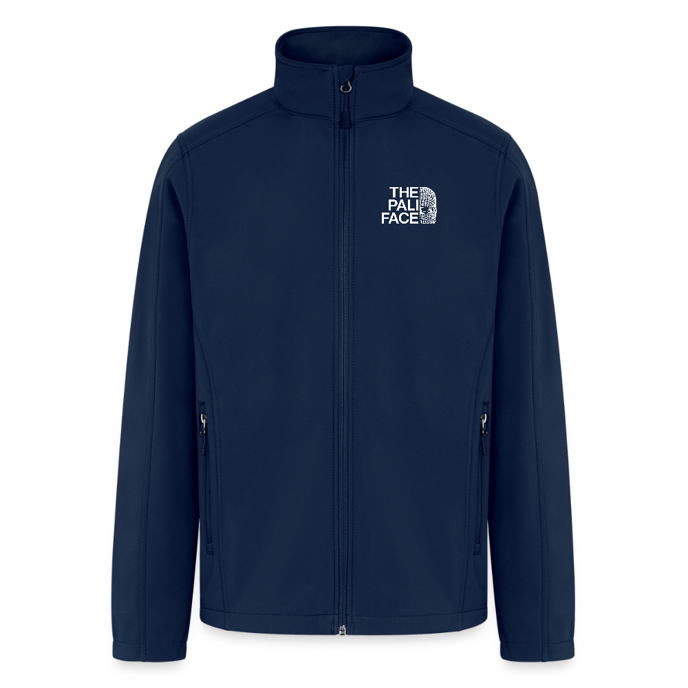 Navy blue soft shell jacket with bold ‘The PALI FACE’ graphic on left chest – Palestine streetwear symbolizing resistance.