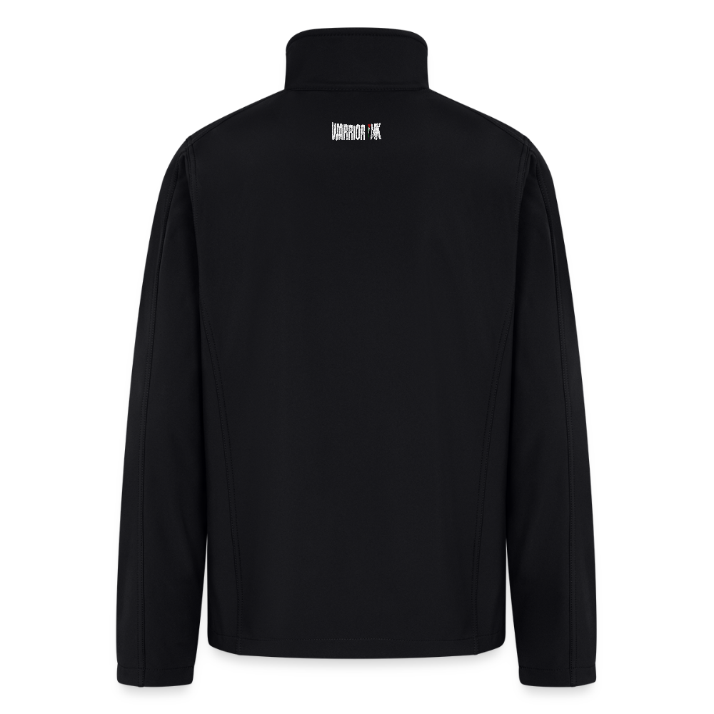 Rear view of navy jacket with small ‘Warrior Ink’ logo printed at collar – minimalist activist branding.