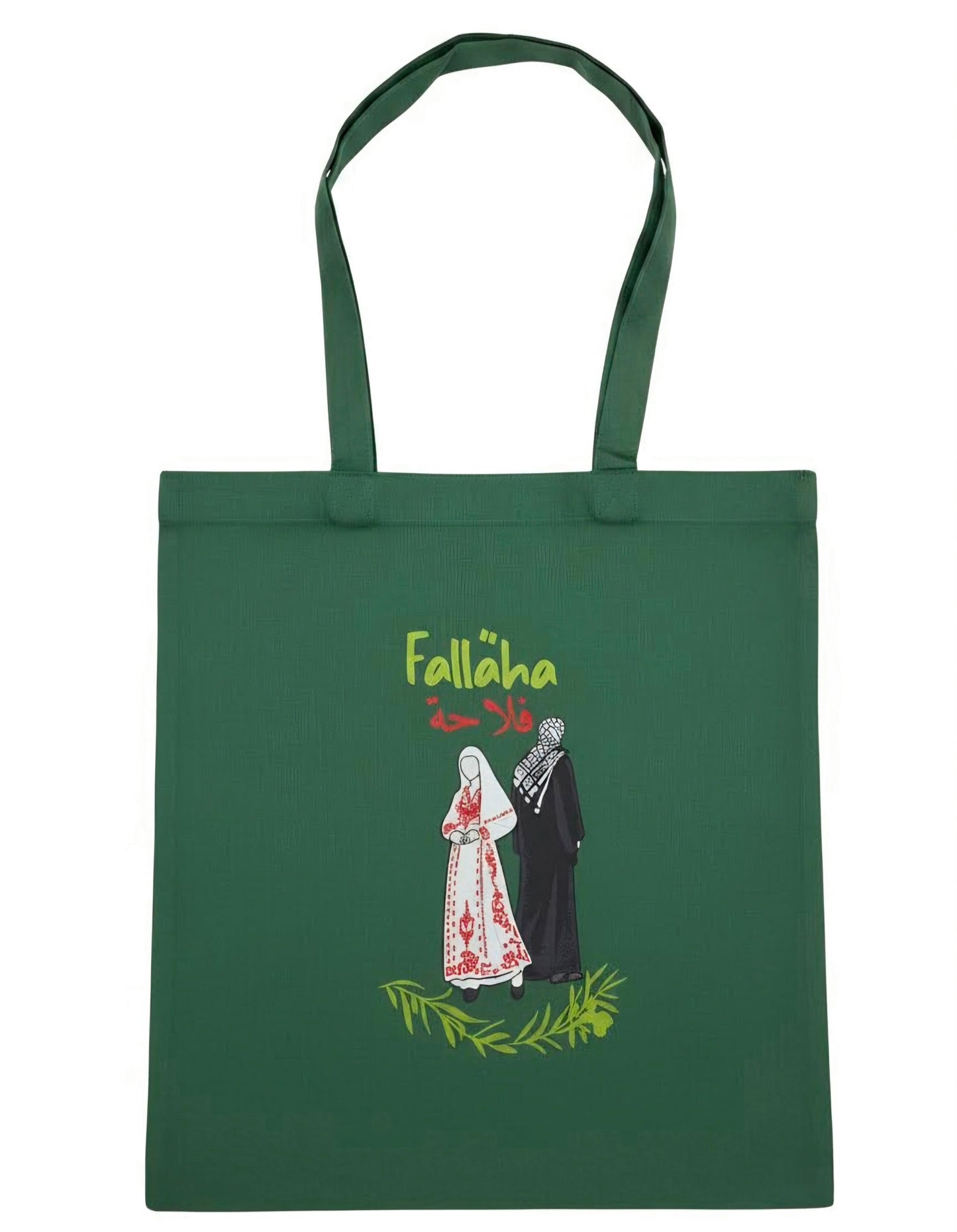 Falaha Palestine cotton tote bag with Palestinian farmer illustration and Arabic text representing heritage and resilience by Warrior Ink Apparel