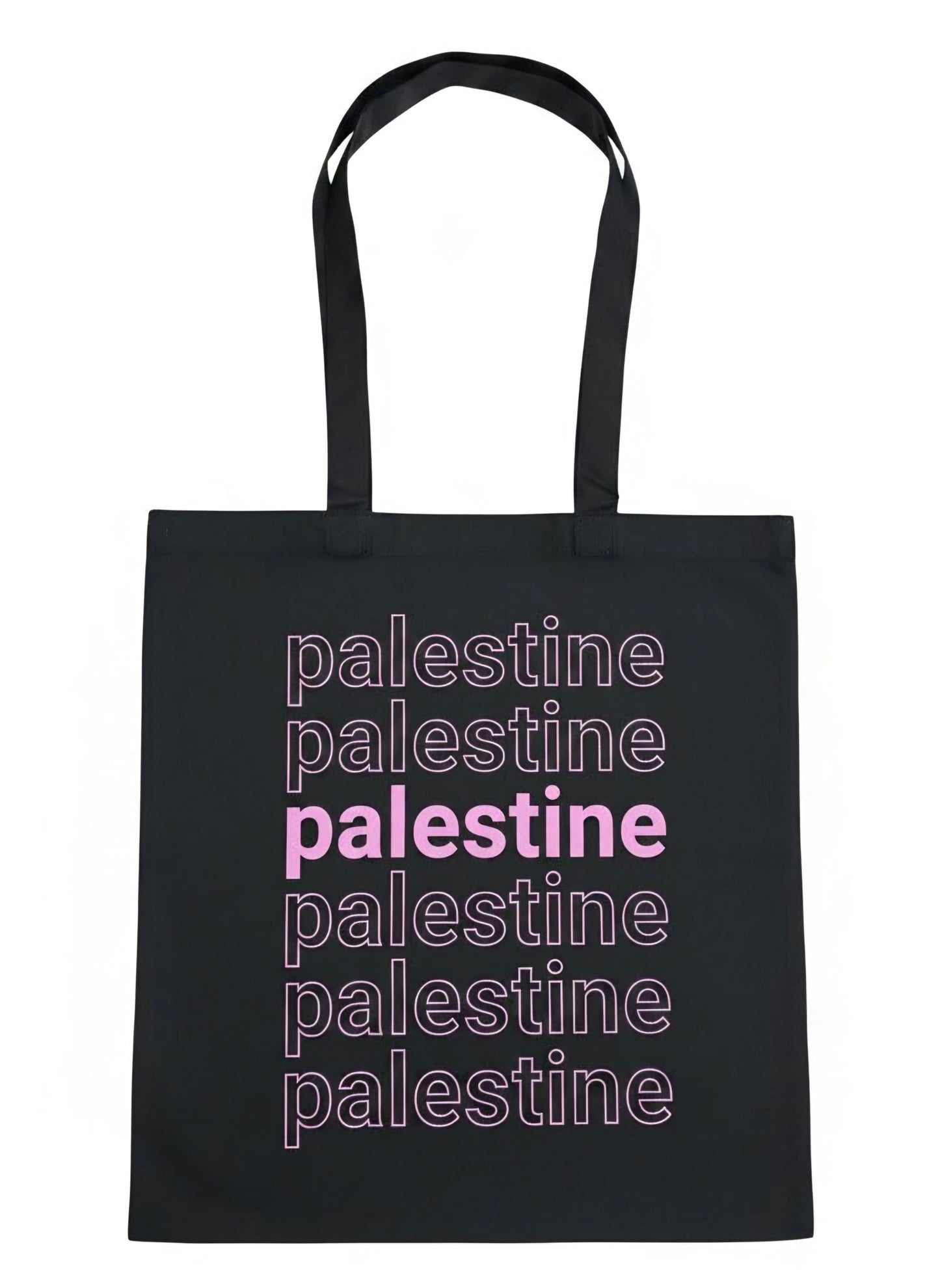 Palestine layered tote bag with stacked typography design in pink worn outdoors at sunset by Warrior Ink Apparel