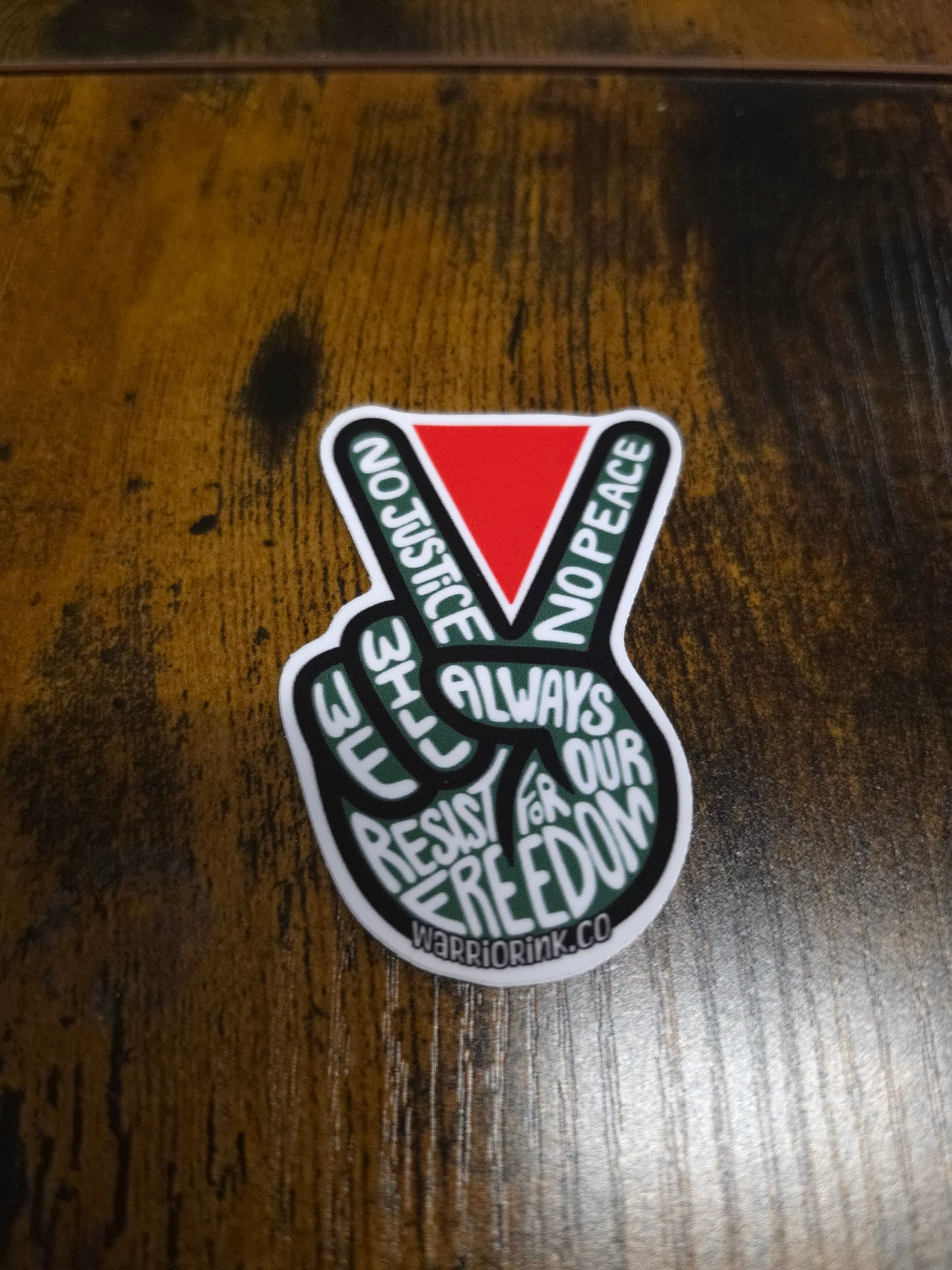 Palestine peace sign sticker with No Justice No Peace resistance artwork by Warrior Ink