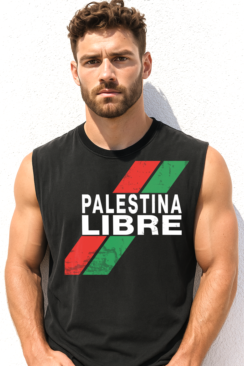 White muscle tank top with “PALESTINA LIBRE” text and distressed red/green stripes across the chest.