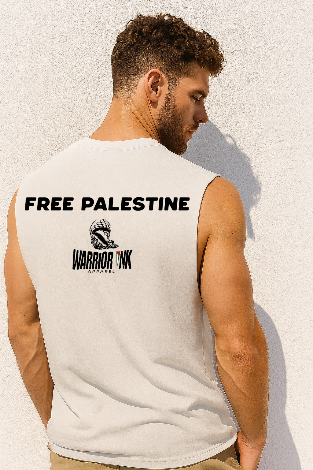 White muscle tank top with “PALESTINA LIBRE” text and distressed red/green stripes across the chest.