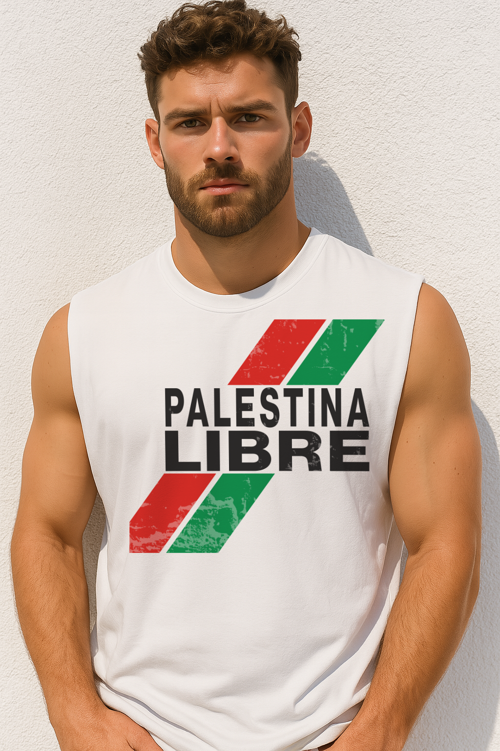 White muscle tank top with “PALESTINA LIBRE” text and distressed red/green stripes across the chest.