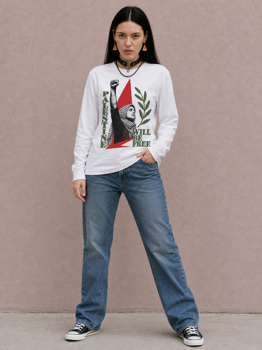 Woman wearing Palestine Will Be Free Palestinian resistance long sleeve tee