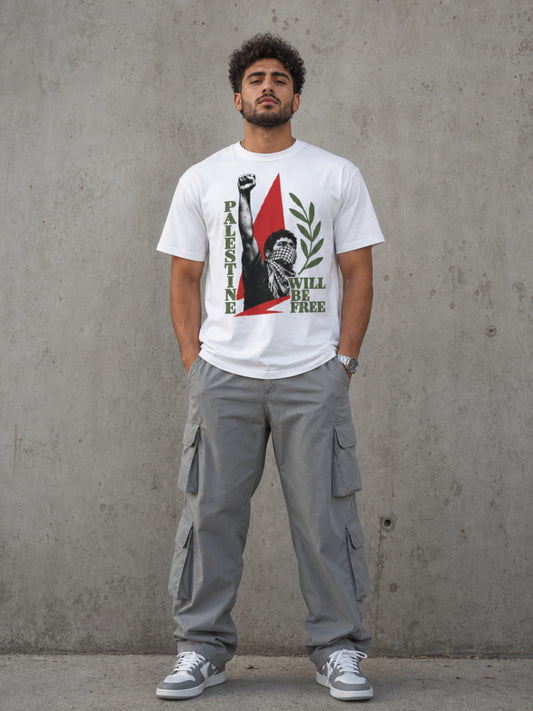 Male model wearing Palestine Will Be Free Palestinian resistance graphic tee