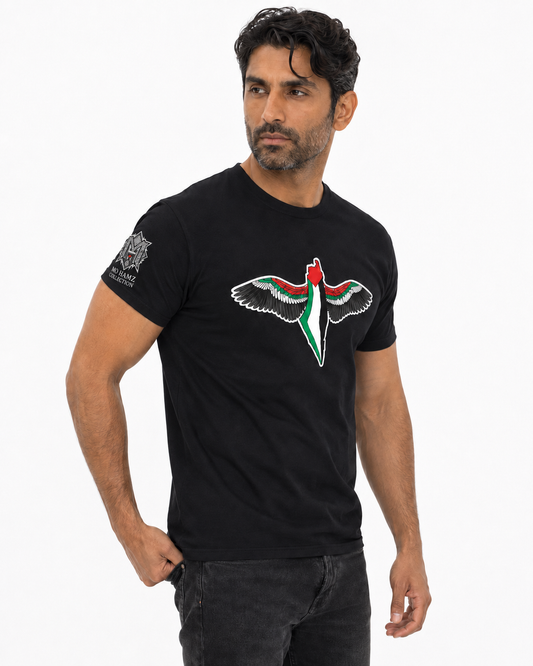 Male Model wearing FREEDOM WINGS Palestine Graphic Tee by Warrior Ink Apparel