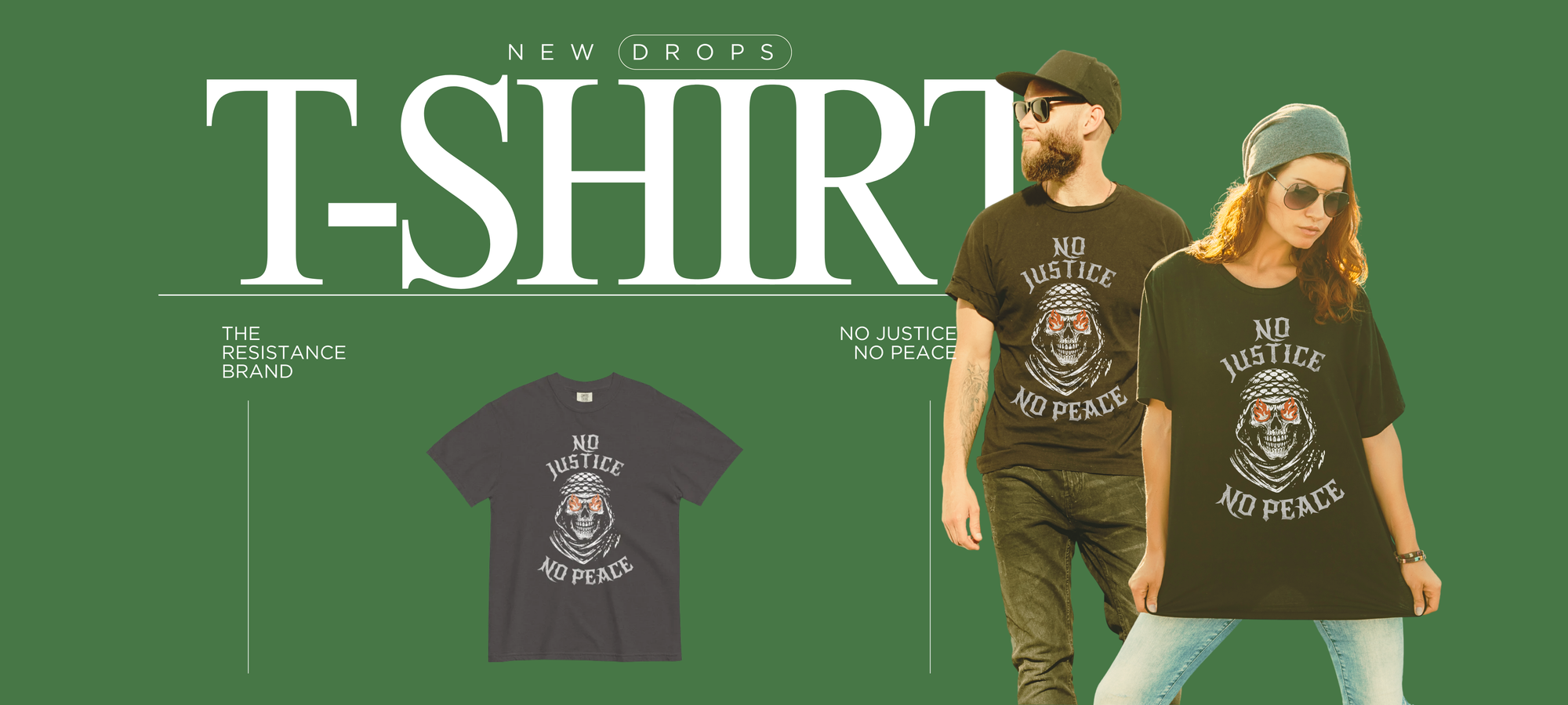 Two people wearing 'No Justice No Peace' t-shirts with a green background and text about new t-shirt drops by Warrior Ink Apparel - Palestinian Streetwear