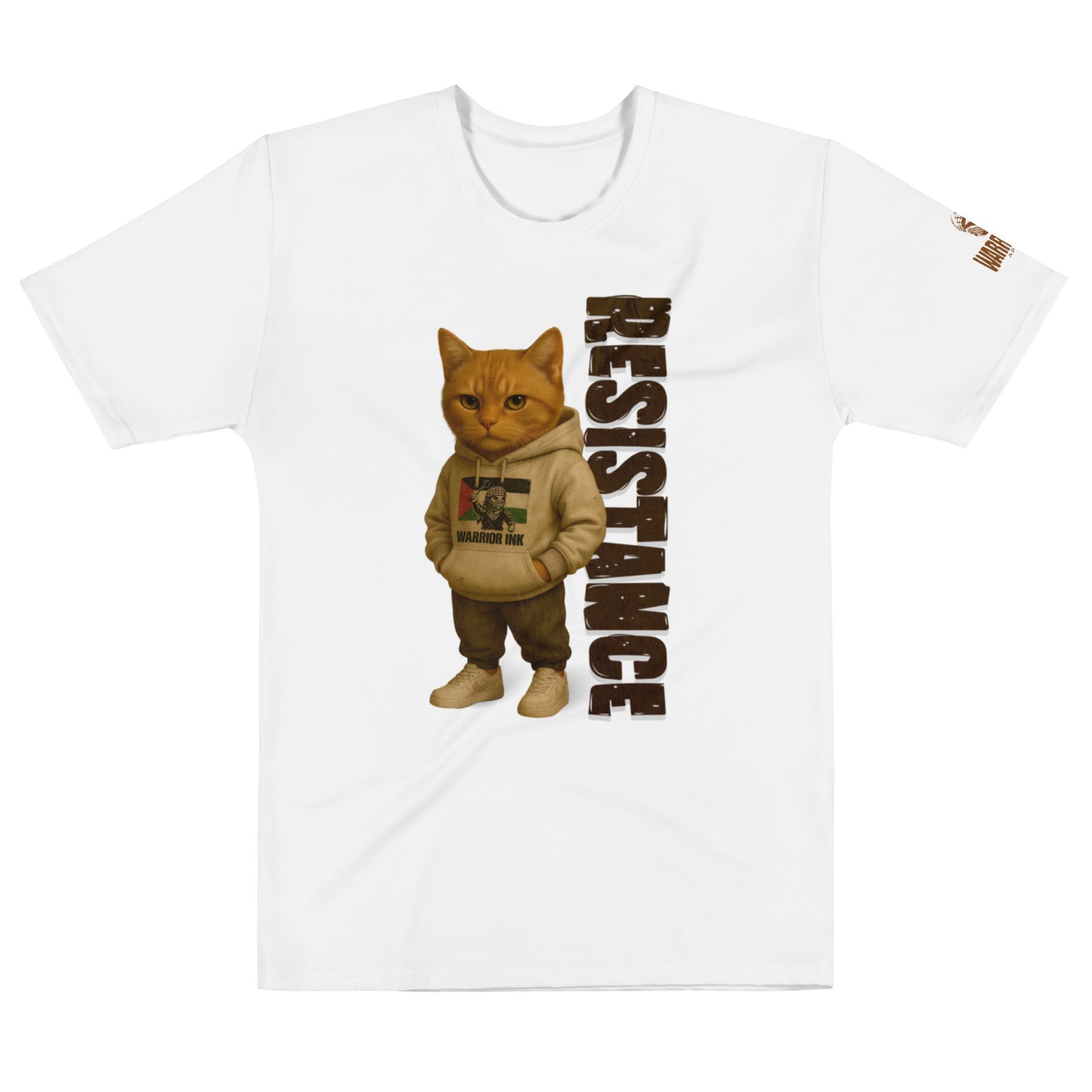 White crew neck t-shirt featuring a graphic of a ginger cat in a keffiyeh hoodie next to bold vertical text that reads “RESISTANCE.”