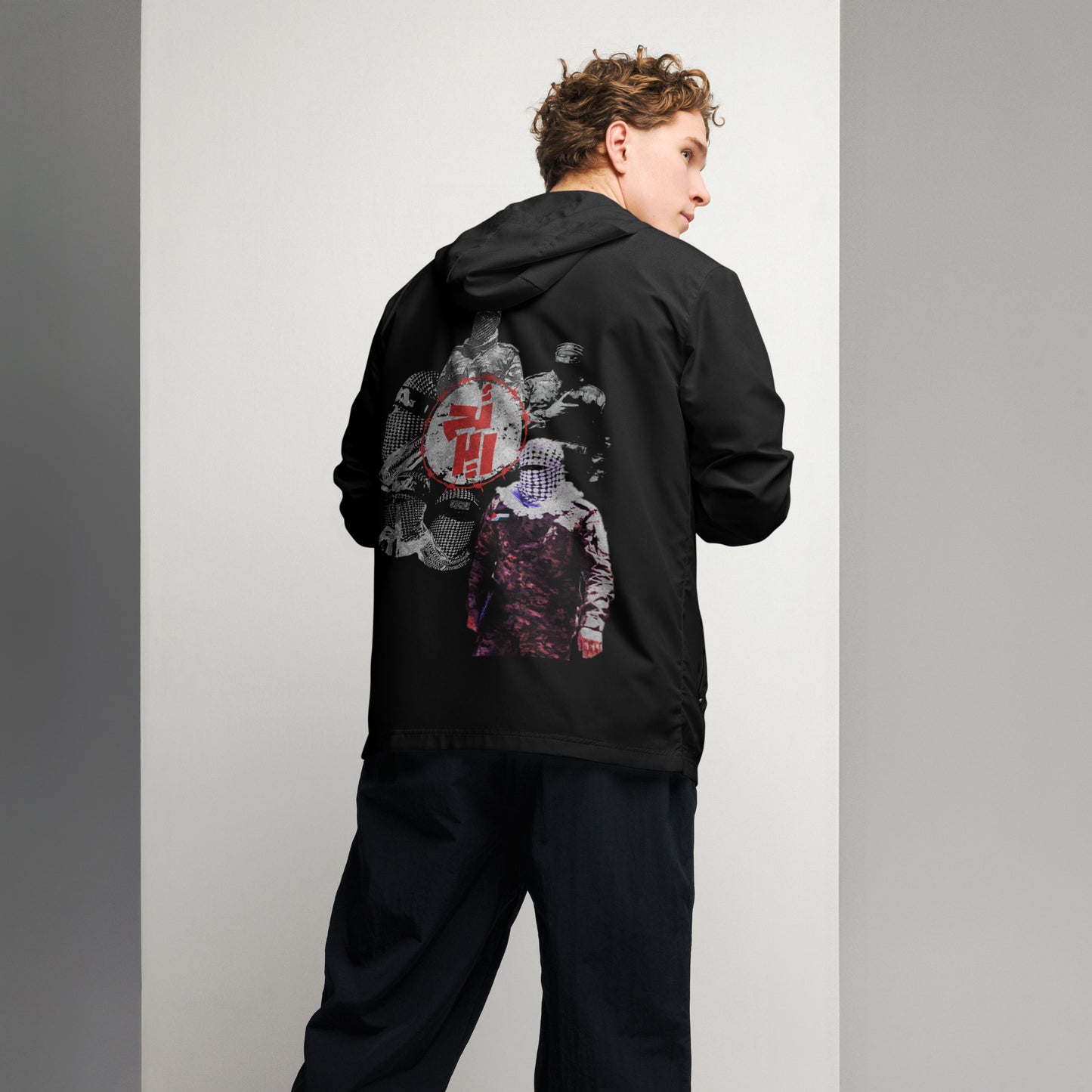 Black Liberation of Palestine windbreaker jacket with bold back design and hood