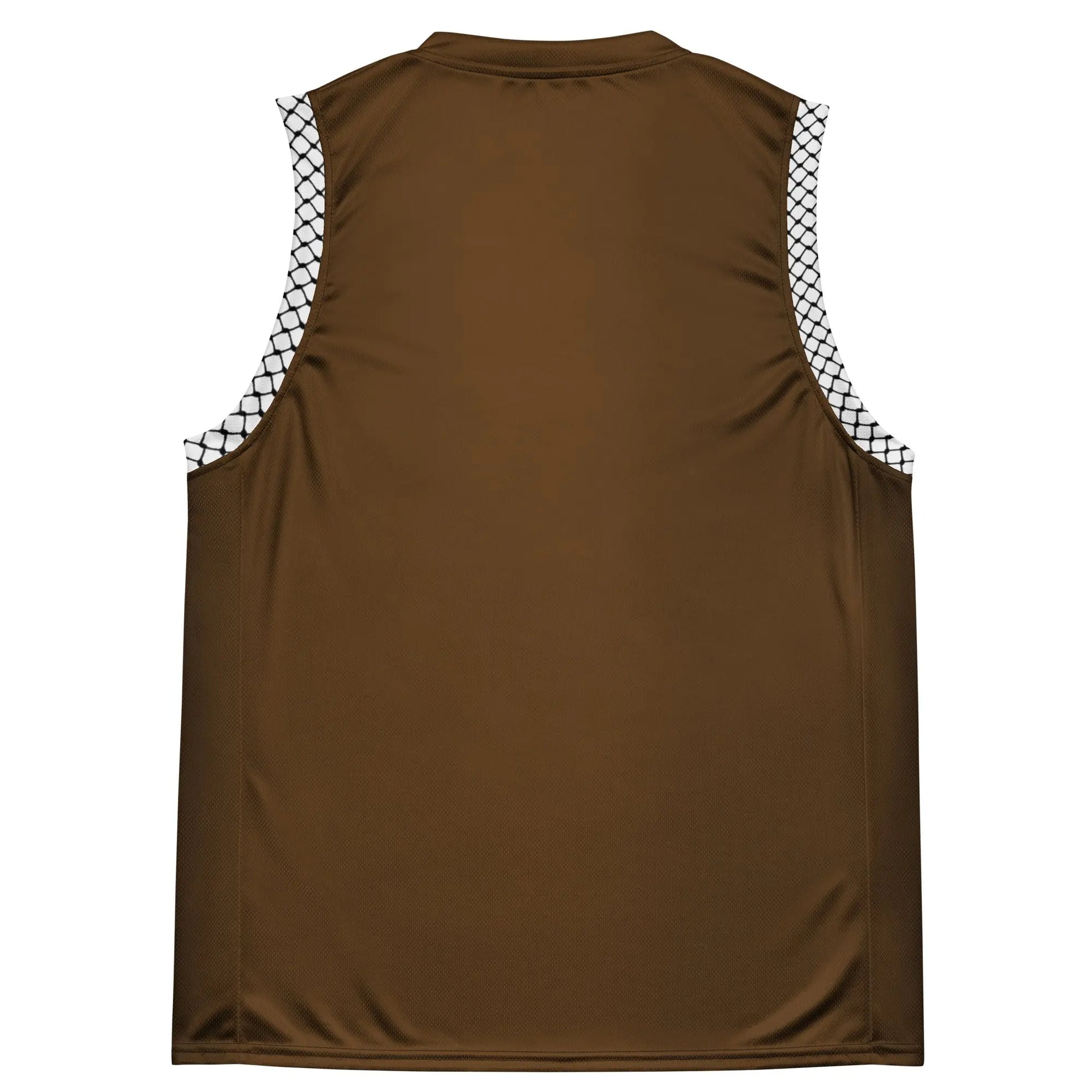 Palestine basketball jersey in brown with keffiyeh side panels and flag logo