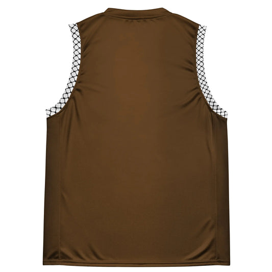 Palestine basketball jersey in brown with keffiyeh side panels and flag logo