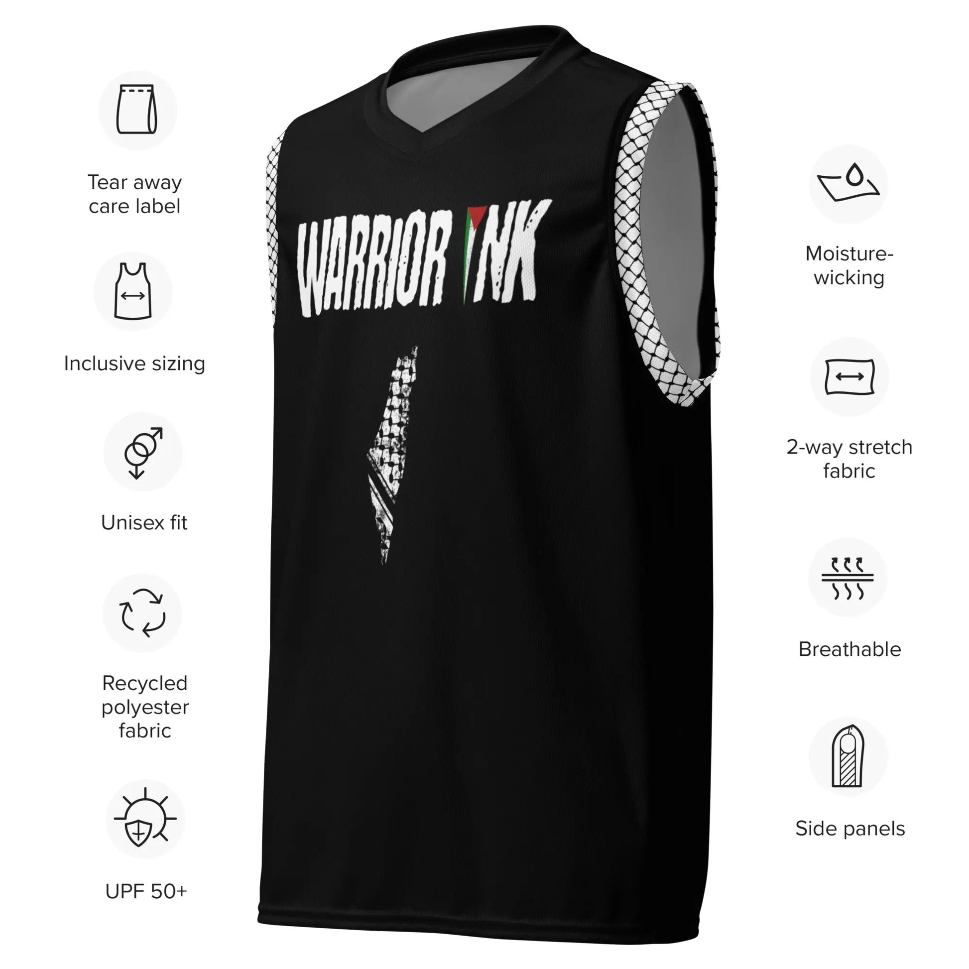 Palestine basketball jersey in black with keffiyeh and map design