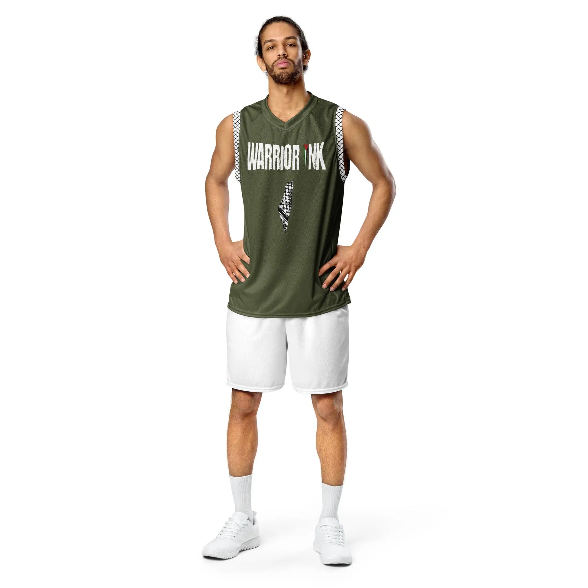 Palestine jersey in military green with keffiyeh side panels and map design