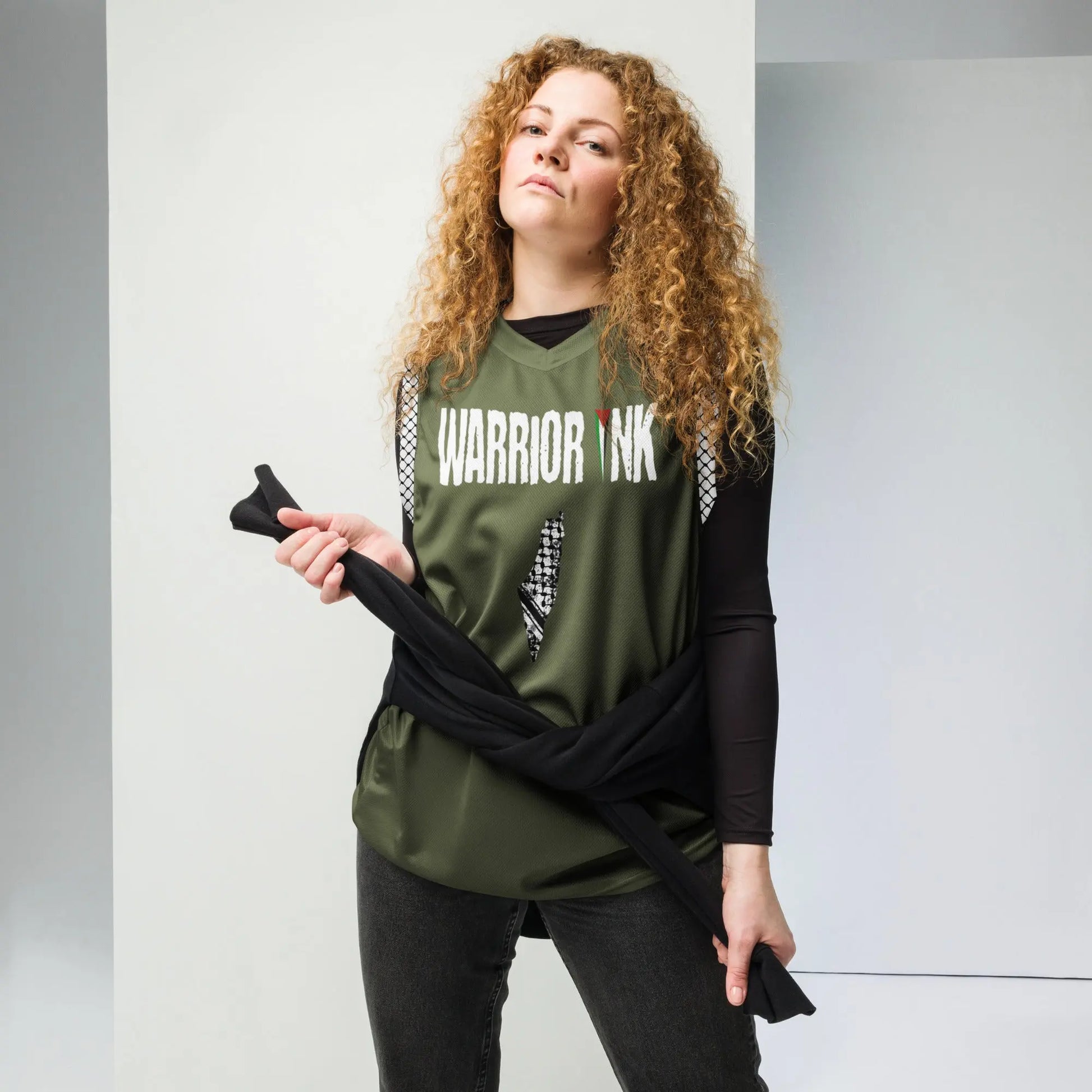 Palestine jersey in military green with keffiyeh side panels and map design