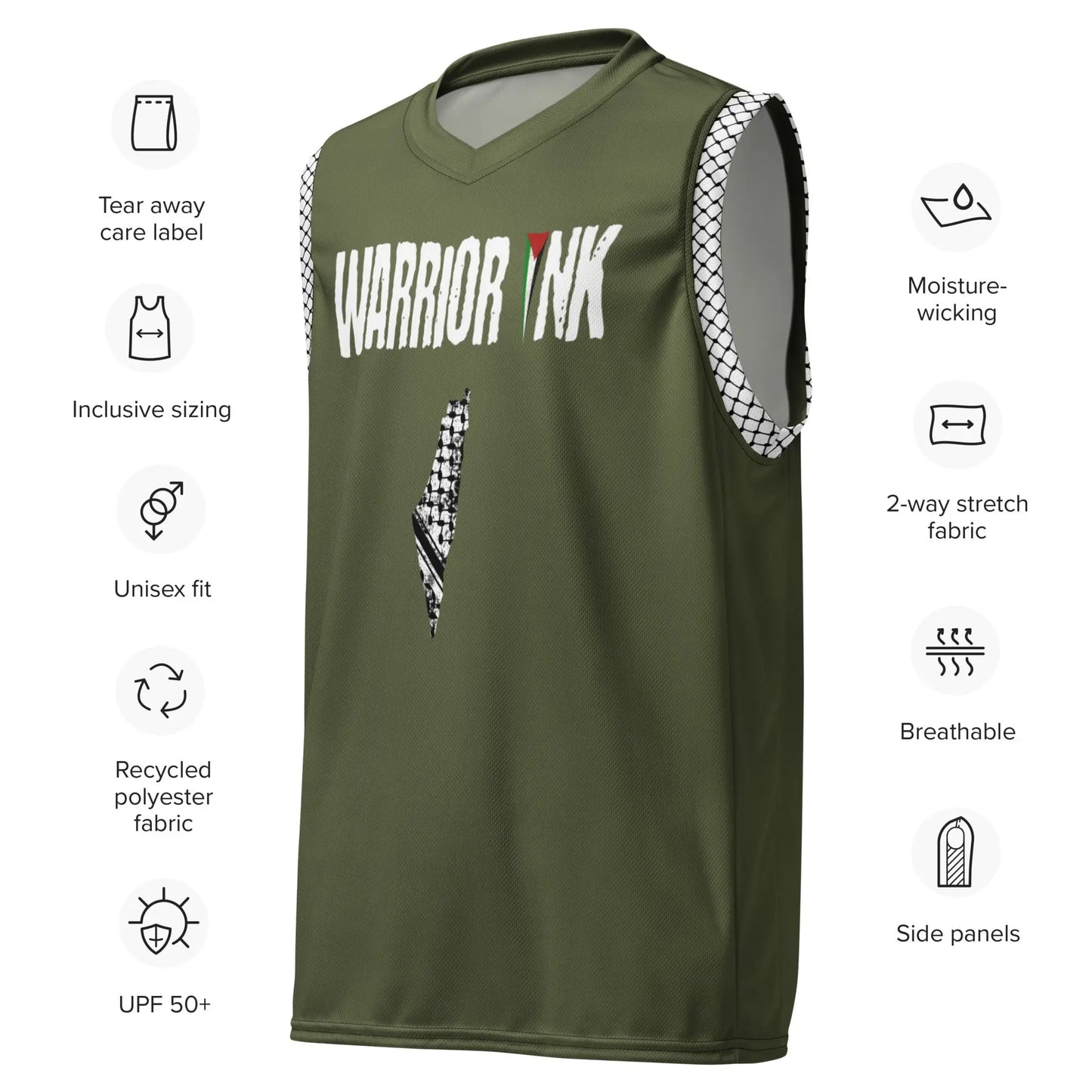 Palestine jersey in military green with keffiyeh side panels and map design