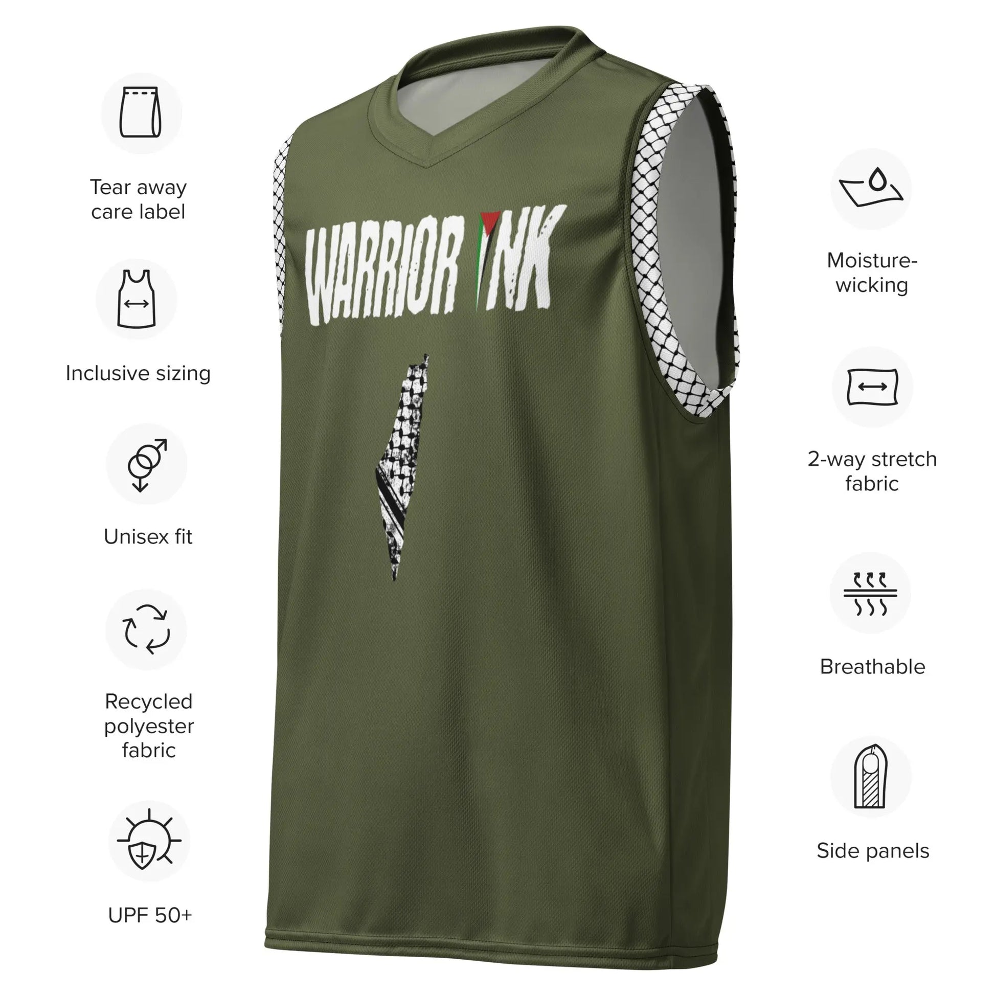 Palestine jersey in military green with keffiyeh side panels and map design