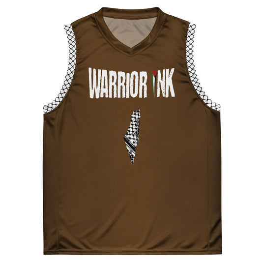 Palestine basketball jersey in brown with keffiyeh side panels and flag logo