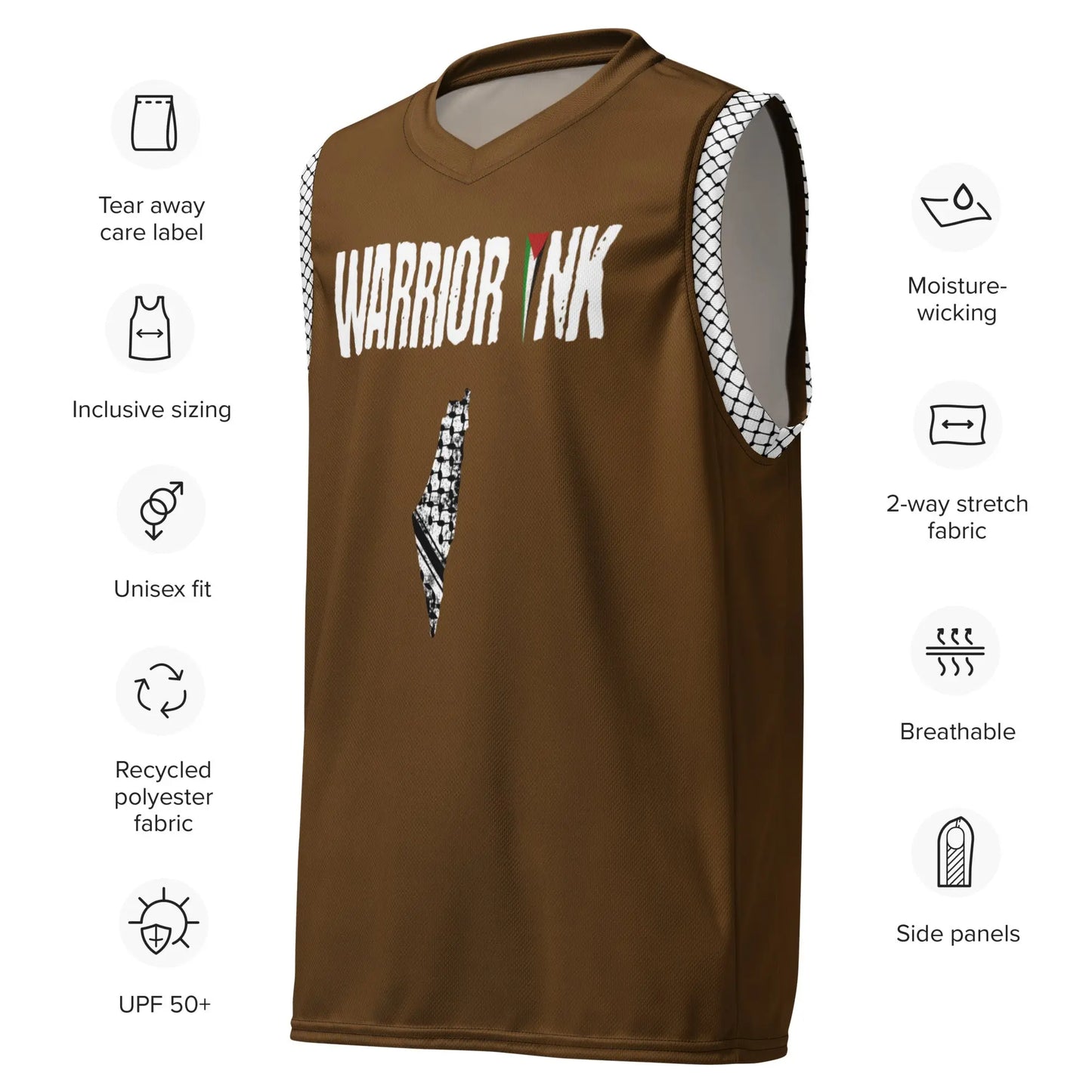 Palestine basketball jersey in brown with keffiyeh side panels and flag logo