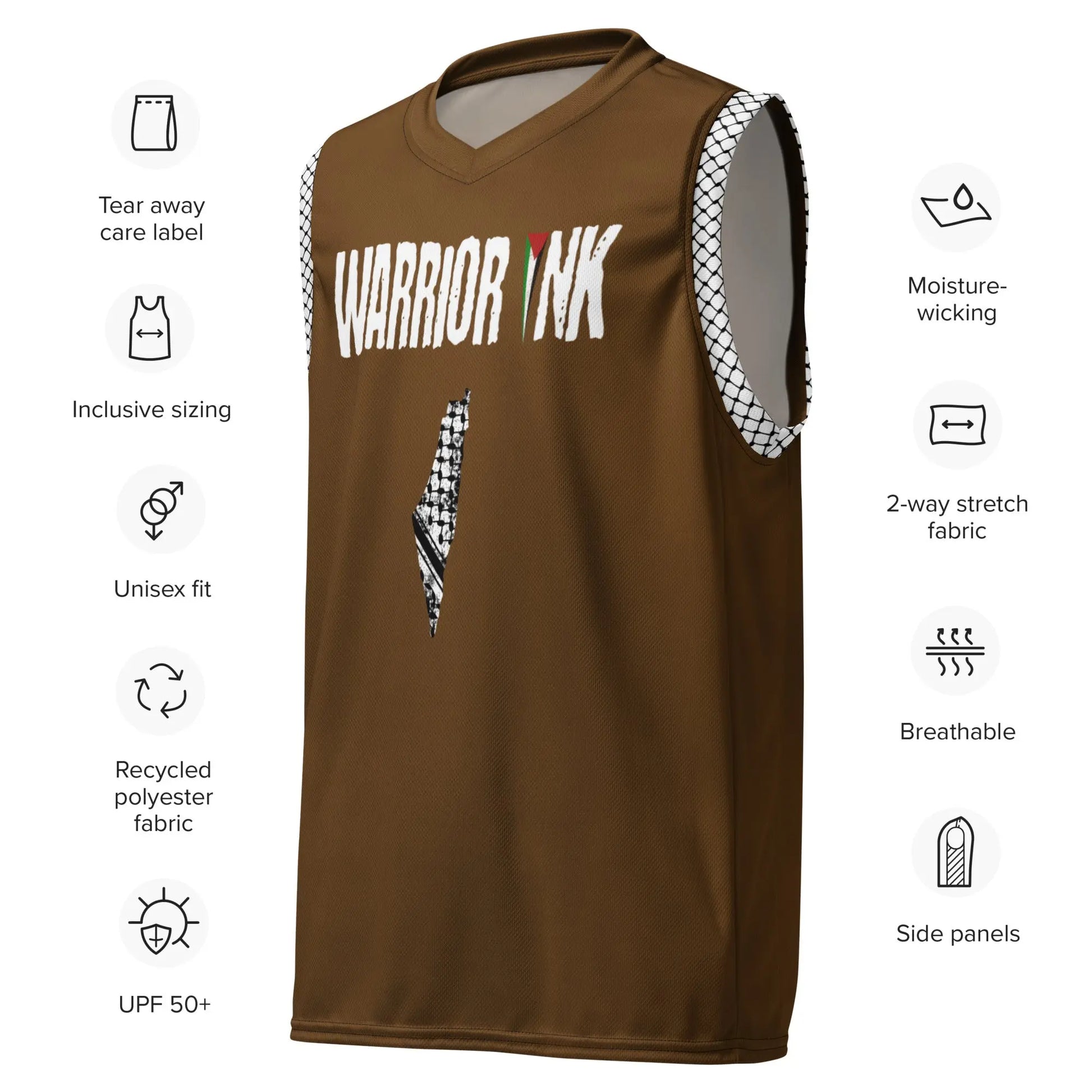 Palestine basketball jersey in brown with keffiyeh side panels and flag logo