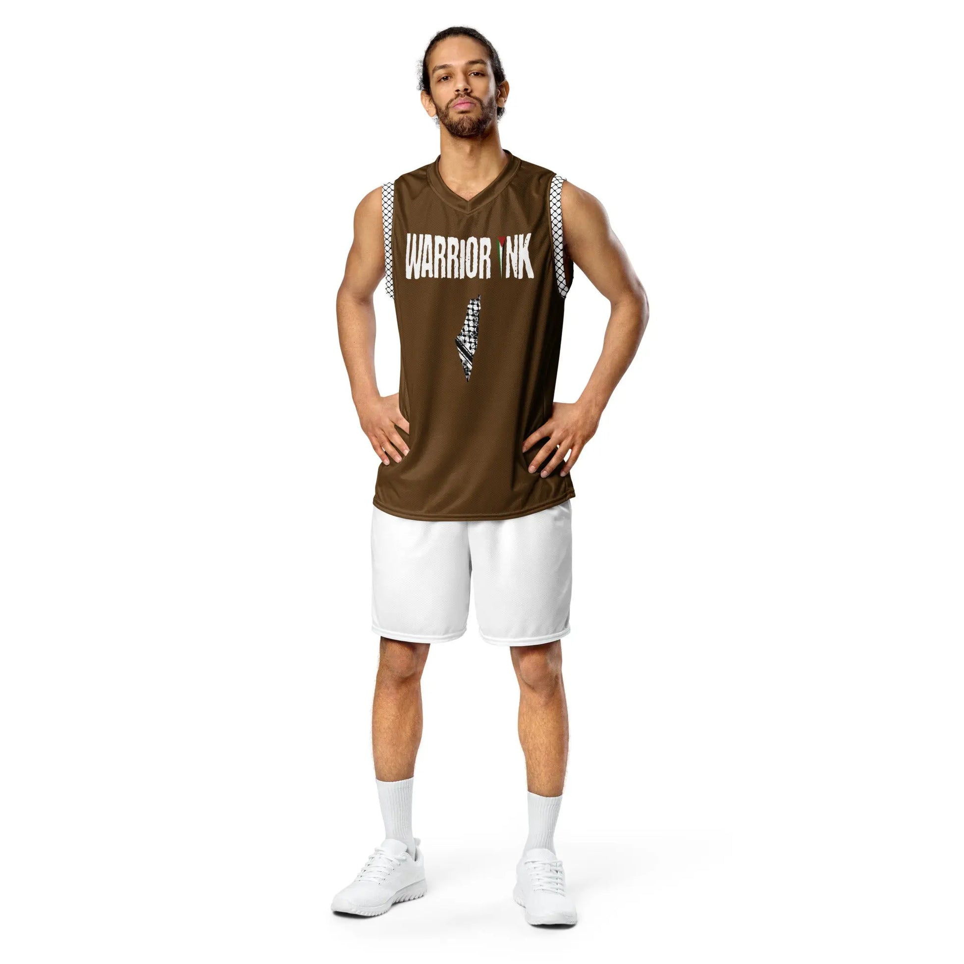 Palestine basketball jersey in brown with keffiyeh side panels and flag logo