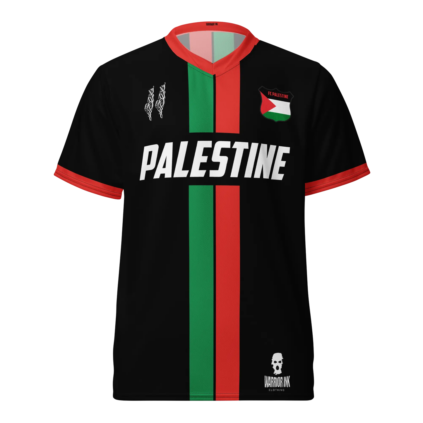Black Palestine jersey with bold "PALESTINE" text, Palestinian flag colors running vertically, keffiyeh detail, and Warrior Ink branding.