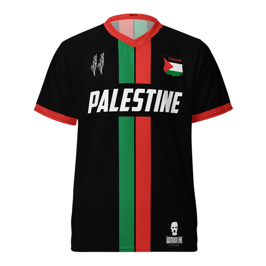 Black Palestine jersey with bold "PALESTINE" text, Palestinian flag colors running vertically, keffiyeh detail, and Warrior Ink branding.