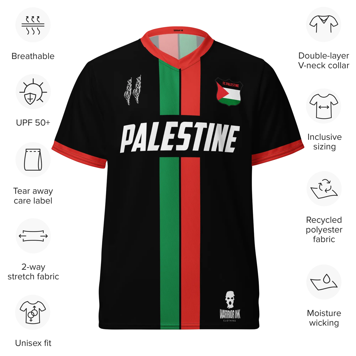 Palestine jersey with breathable, moisture-wicking fabric, UPF 50+ protection, double-layered V-neck collar, and eco-friendly recycled polyester material.