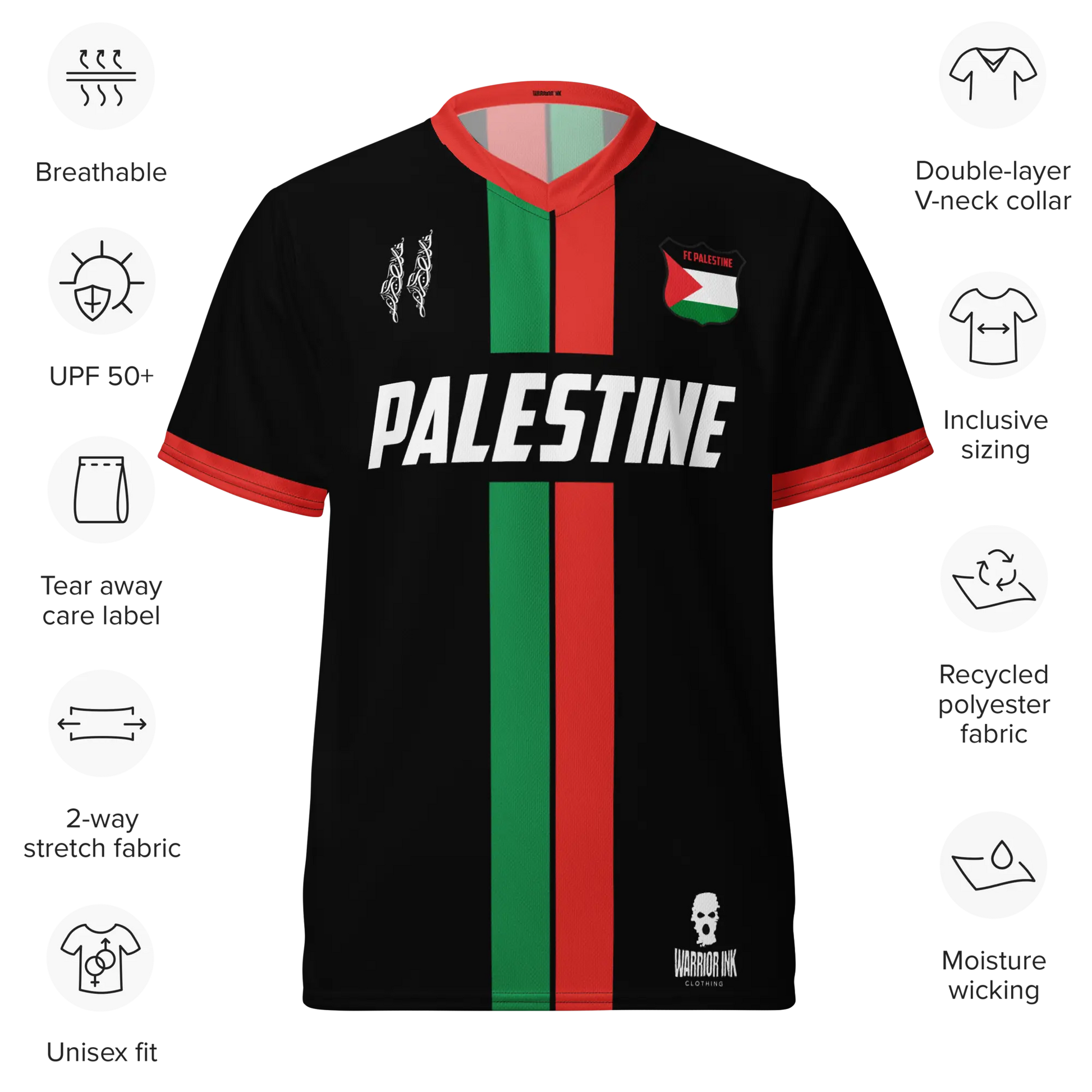Palestine jersey with breathable, moisture-wicking fabric, UPF 50+ protection, double-layered V-neck collar, and eco-friendly recycled polyester material.