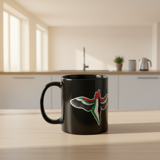 FREEDOM WINGS Palestine mug styled on kitchen counter with coffee