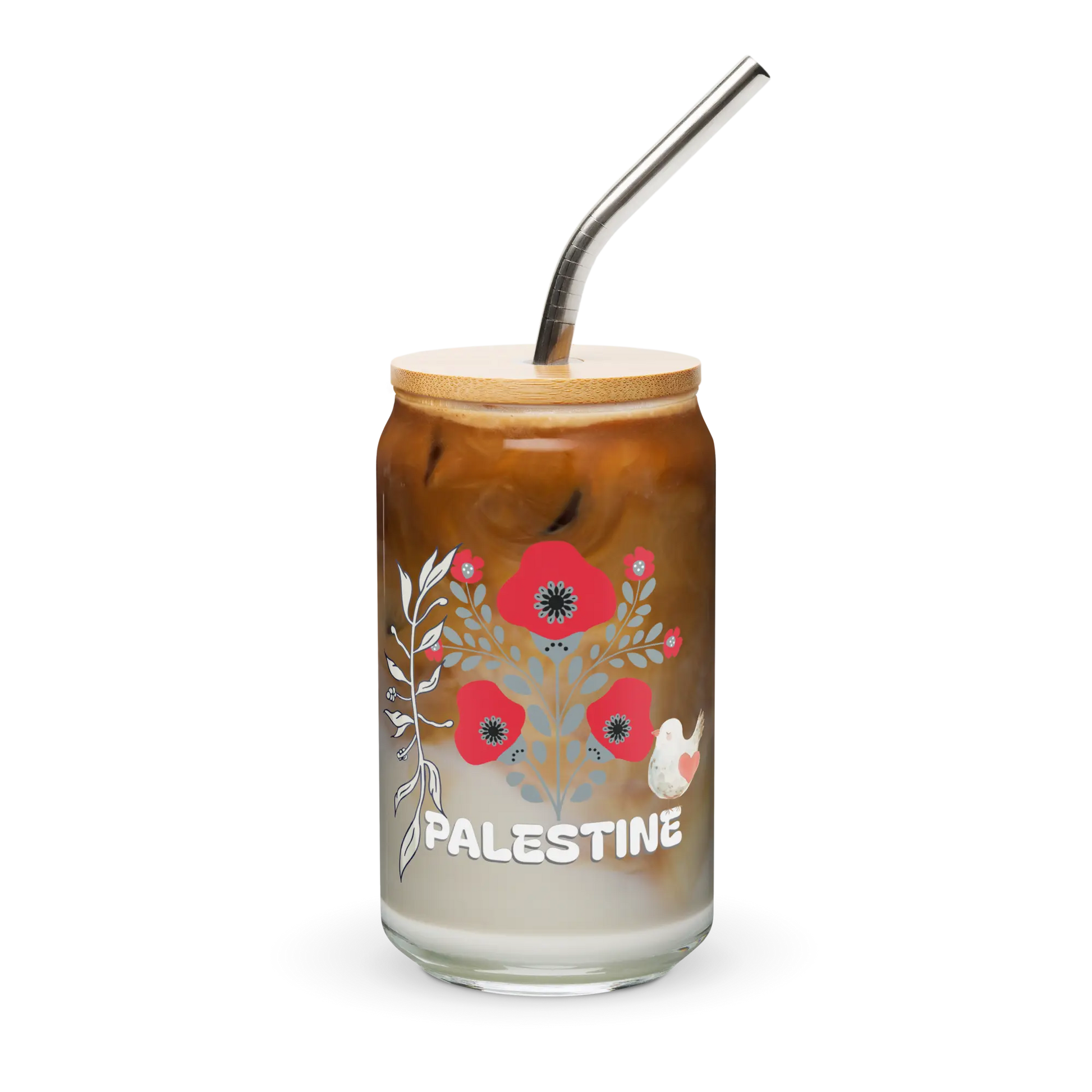 Transparent Palestine can-shaped glass with red poppy flower, white dove and olive branch and activist design by Warrior Ink Apparel.