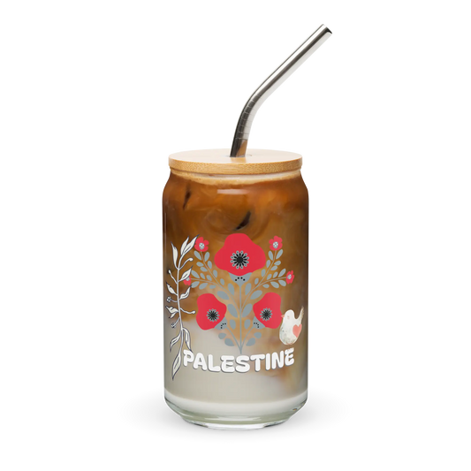 Transparent Palestine can-shaped glass with red poppy flower, white dove and olive branch and activist design by Warrior Ink Apparel.