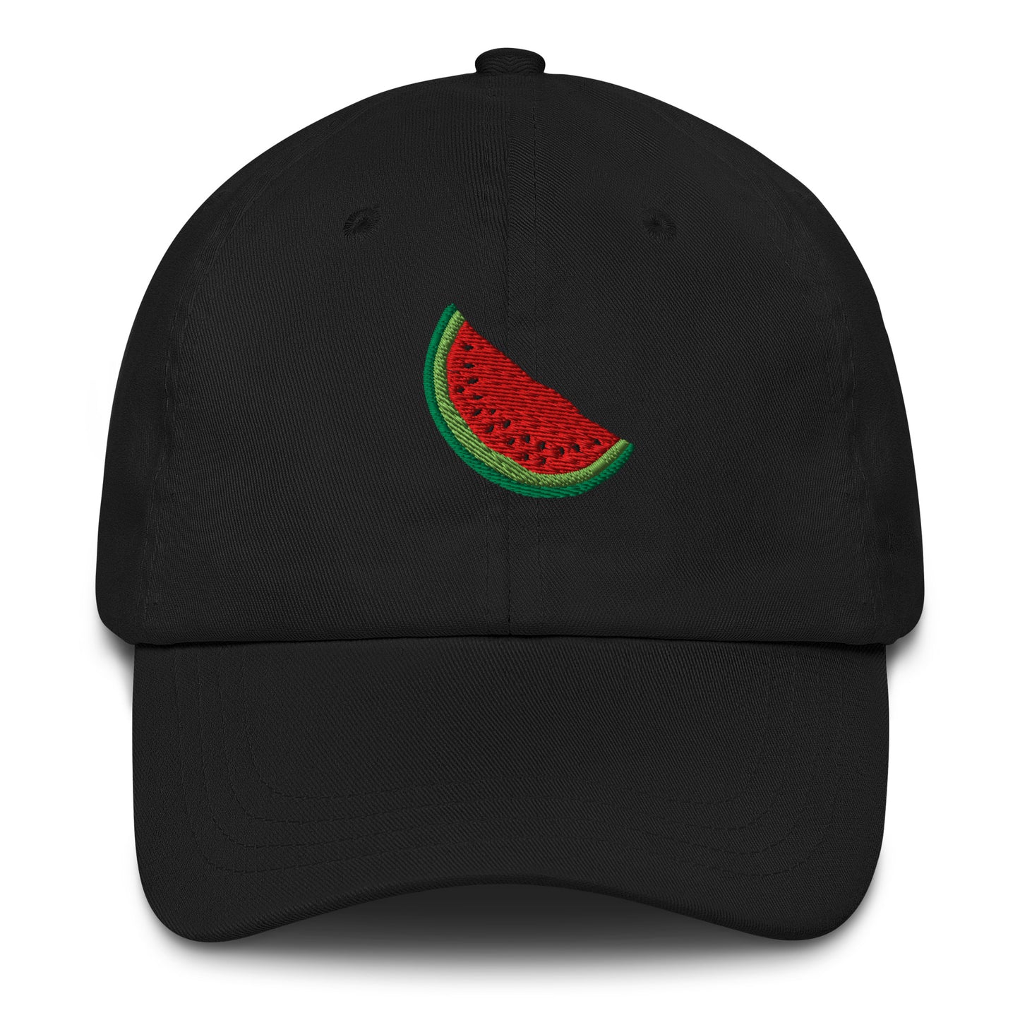 Black dad hat with embroidered red watermelon slice symbolizing Palestinian resistance, centered on the front.