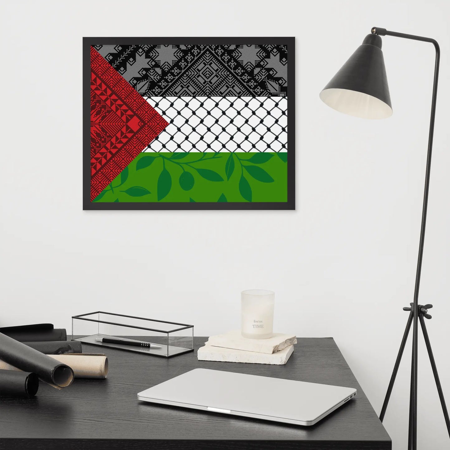 Palestinian culture framed poster featuring a fusion of keffiyeh, tatreez embroidery, and olive branches, symbolizing heritage and resistance.