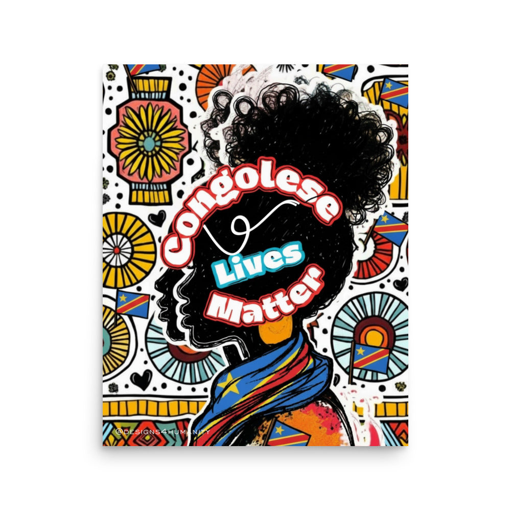 Congolese Lives Matter Congo activist poster featuring a Congolese woman and Democratic Republic of Congo colors by Designs 4 Humanity