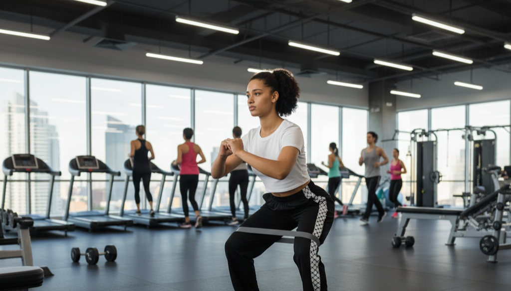 Woman exercising in a gym with large windows and cityscape view. FREE PALESTINE KEFFIYEH – WIDE-LEG PANTS
