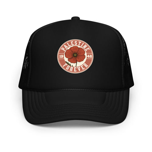 Black trucker hat with red poppy “Palestine Forever” emblem on the front, worn by a male model.
