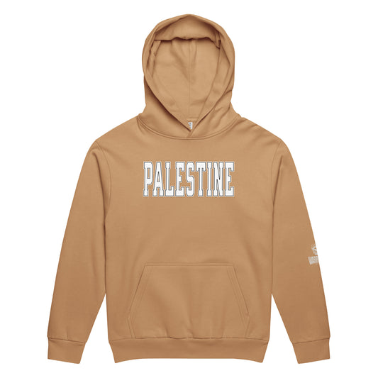 Heavyweight oversized hoodie with bold varsity-style PALESTINE text by Warrior Ink Apparel