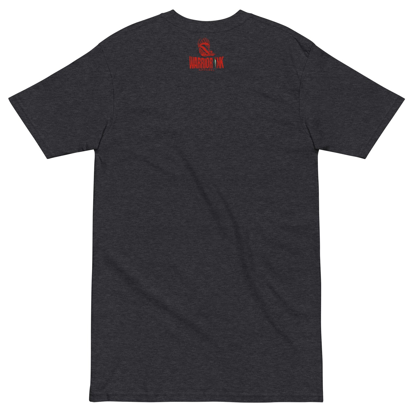 Grey t-shirt featuring keffiyeh-wrapped face with “Palestine” text and Warrior Ink Apparel branding on the back.