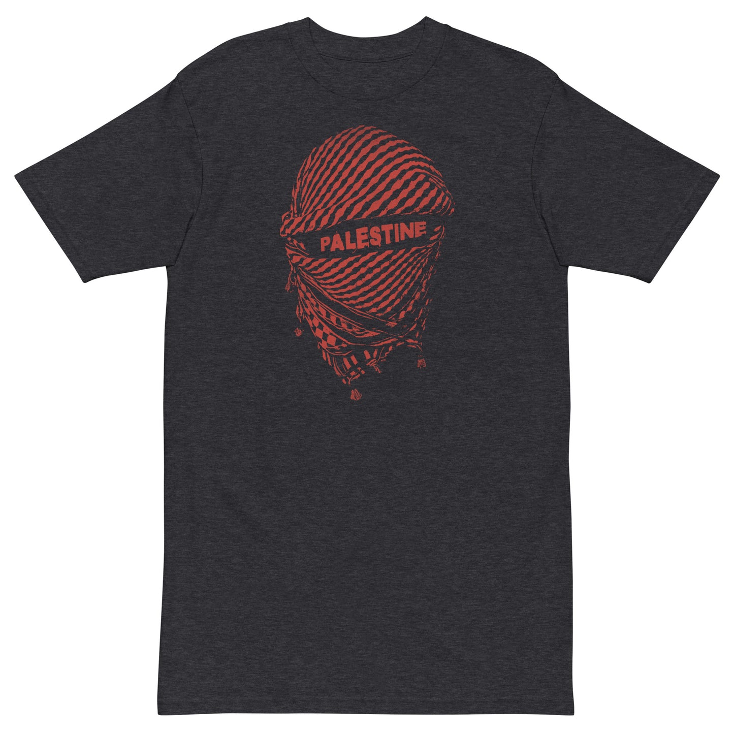 Grey t-shirt featuring keffiyeh-wrapped face with “Palestine” text and Warrior Ink Apparel branding on the back.