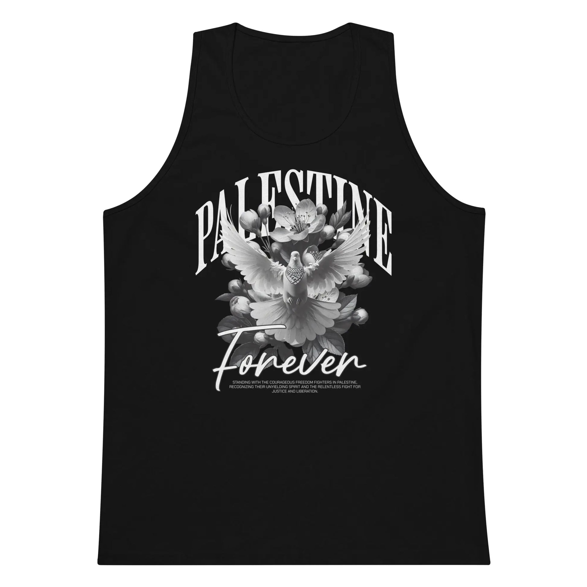 tank top featuring a bold "Palestine Forever" text with an illustrated dove and floral design.
Close-up of the intricate Palestine Forever print on a premium cotton tank top.
Sleeveless drop-arm tank with a powerful Palestine solidarity design.