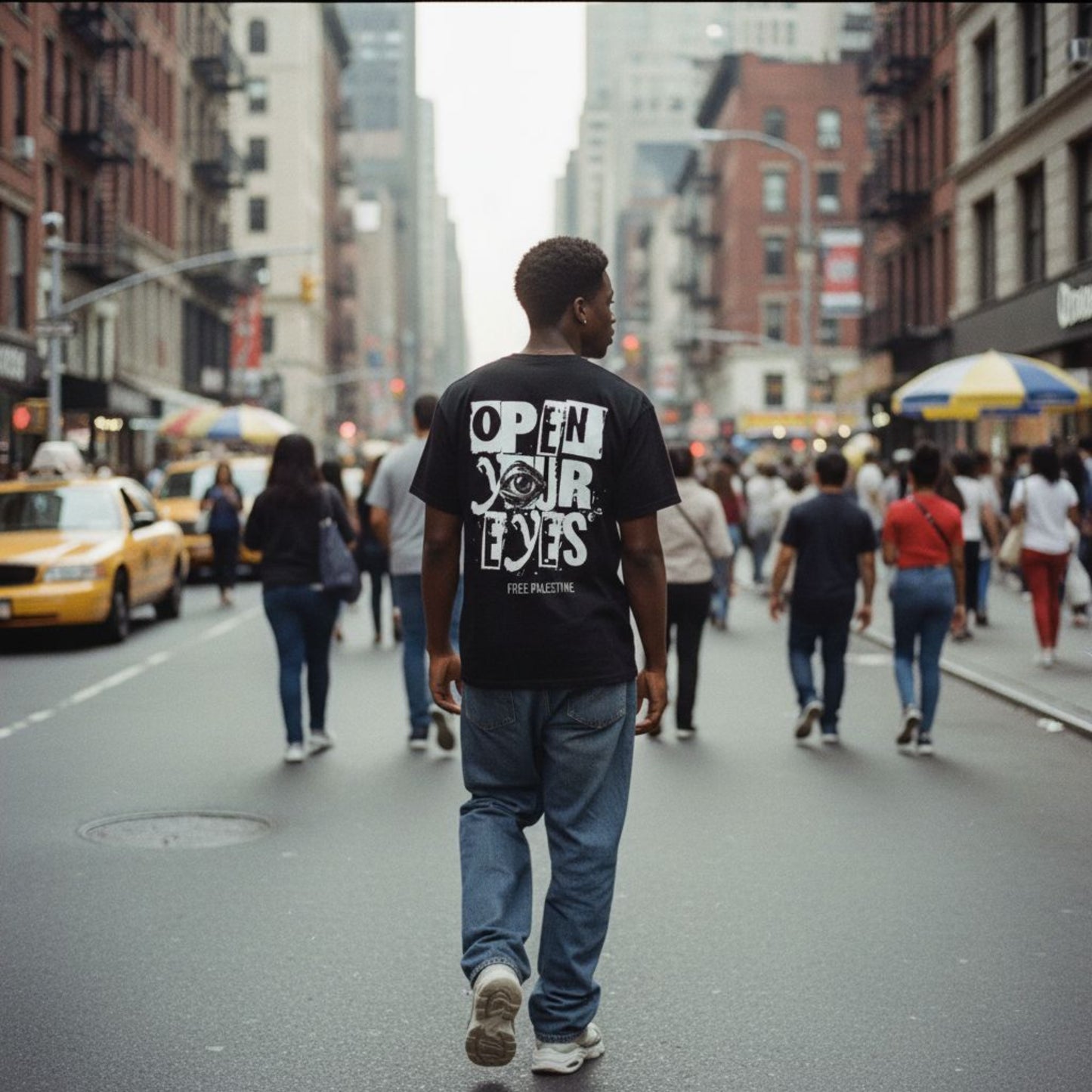 Person walking on a city street wearing a black t-shirt with the Open Your Eyes Free Palestine tee by Warrior Ink Apparel
