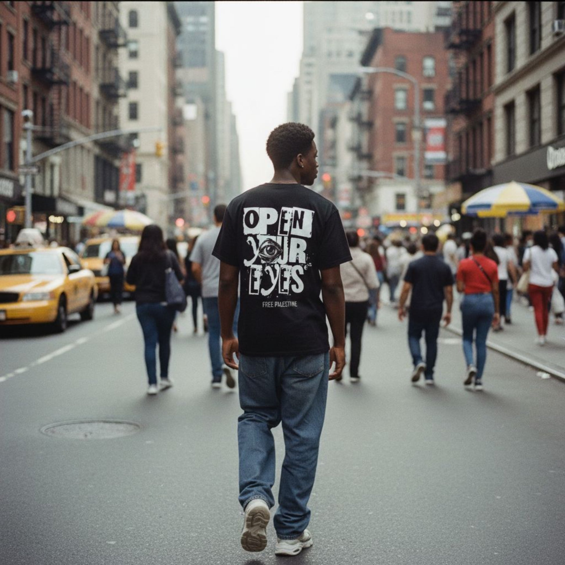 Person walking on a city street wearing a black t-shirt with the Open Your Eyes Free Palestine tee by Warrior Ink Apparel