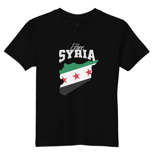 Black kids' t-shirt featuring the Free Syria design with the Syrian opposition flag embedded in the map of Syria. The bold white and green text complements the flag’s red stars, making it a powerful statement.