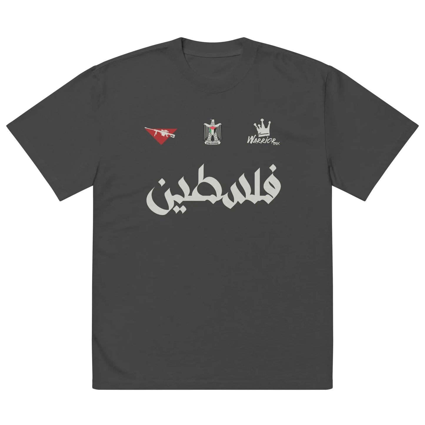 oversized Palestine t-shirt featuring Arabic calligraphy, Palestinian emblem, and resistance-inspired design.
Boxy streetwear t-shirt with grunge typography and cultural symbols representing Palestinian identity.
Close-up of the Arabic "Palestine" text, paired with bold insignias on the chest, including the resistance triangle and Warrior Ink logo.