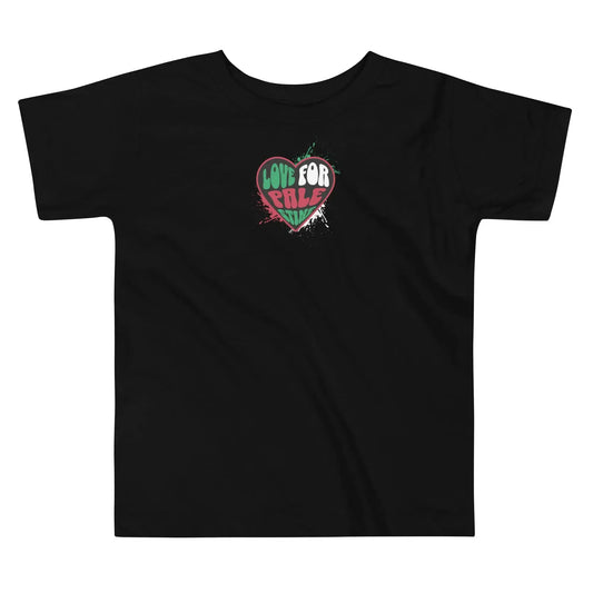 Love for Palestine Toddler T-Shirt – Black short-sleeve tee with heart-shaped Palestine flag design and bold ‘Love for Palestine’ text.