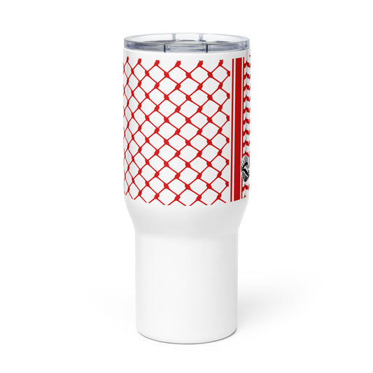 Red keffiyeh stainless steel travel mug by Warrior Ink Apparel